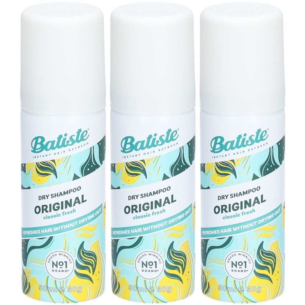 Drei Sprühflaschen mit weißem Deckel. Aufschrift: Batiste, Dry Shampoo Original, classic fresh. Nr. 1 Brand.