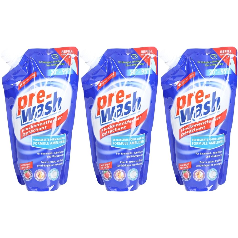 Drei blaue Nachfüllbeutel mit "pre-wash"-Aufdruck. Text in Deutsch und Französisch. Enthält Fleckenentferner.
