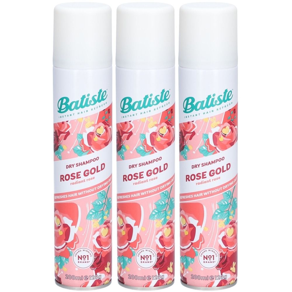 Drei Sprühflaschen Trockenshampoo. Aufschrift: Batiste, Rose Gold. Floralmuster. Weiße Kappe. 200ml.