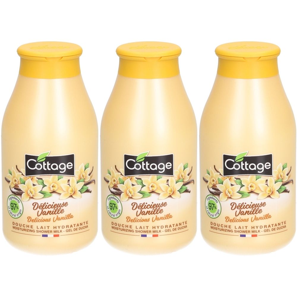 Drei cremefarbene Flaschen mit gelben Deckeln. Auf jeder Flasche steht "Cottage" und "Délicieuse Vanille".