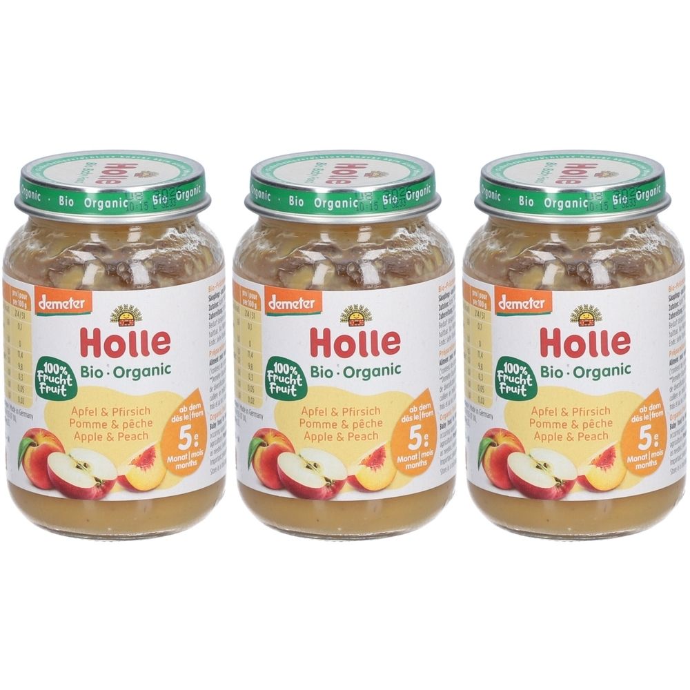 Trois pots de Holle Bio-Pomme et Pêche. Étiquettes avec nom du produit, logo et illustrations de fruits. Couvercles en verre avec impression verte.