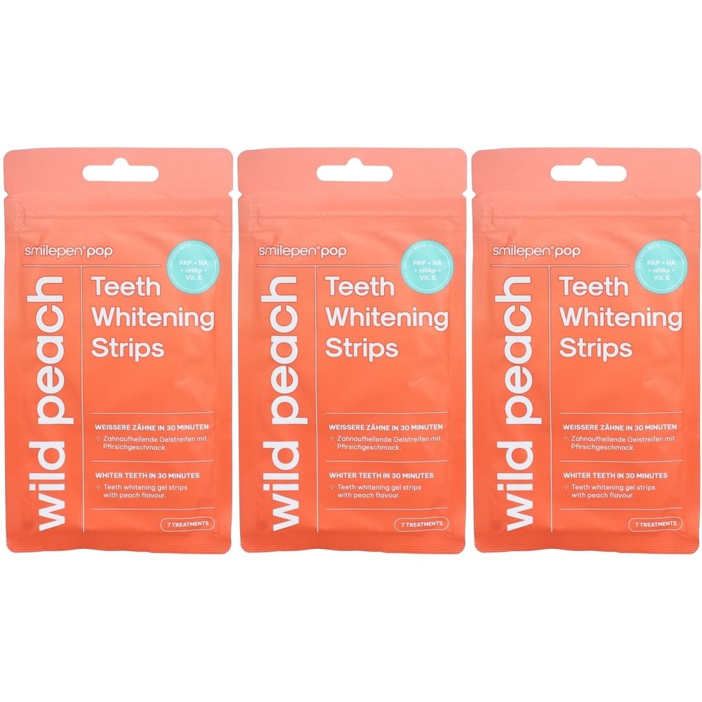 Drei Packungen SMILEPEN Pop Zahnaufhellungsstreifen. Jede Packung hat eine orangefarbene Grundfarbe mit weißer Schrift und einem Loch zum Aufhängen.