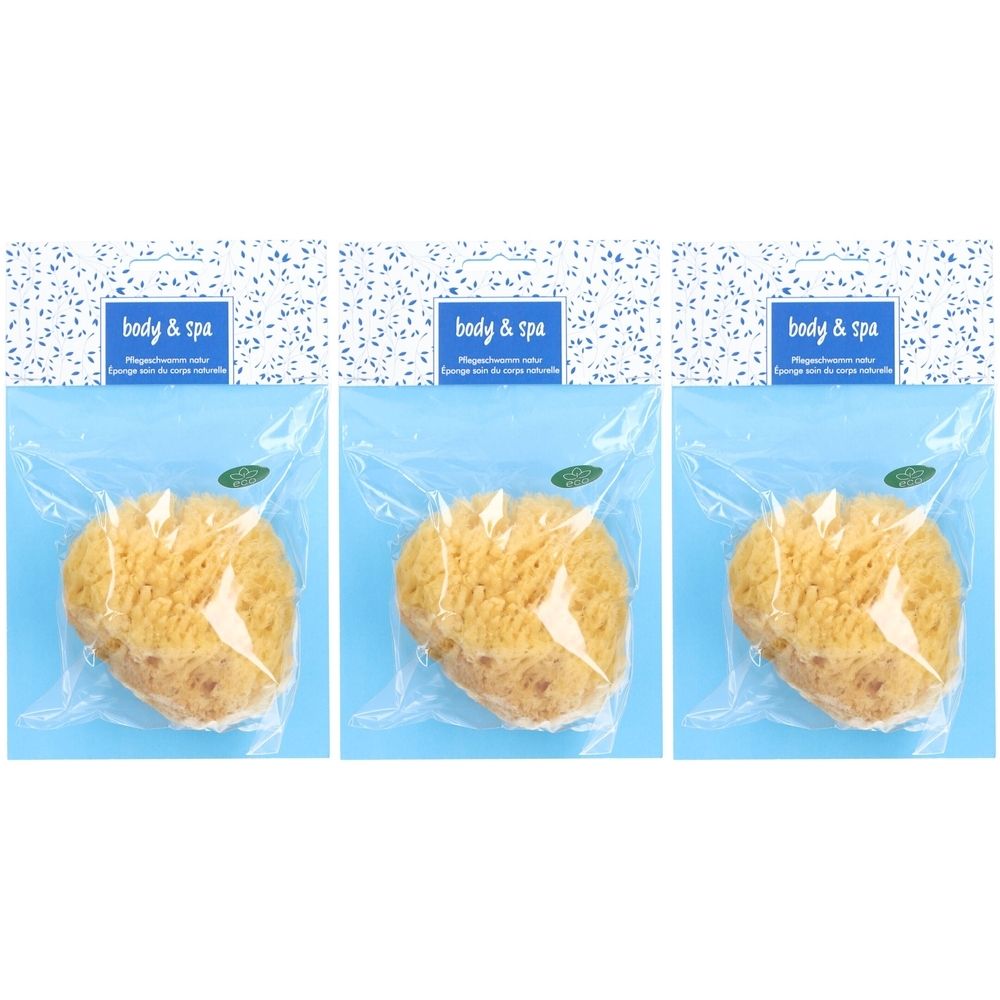 Drei Natur-Schwämme in Plastikverpackung. Aufschrift "body & spa".