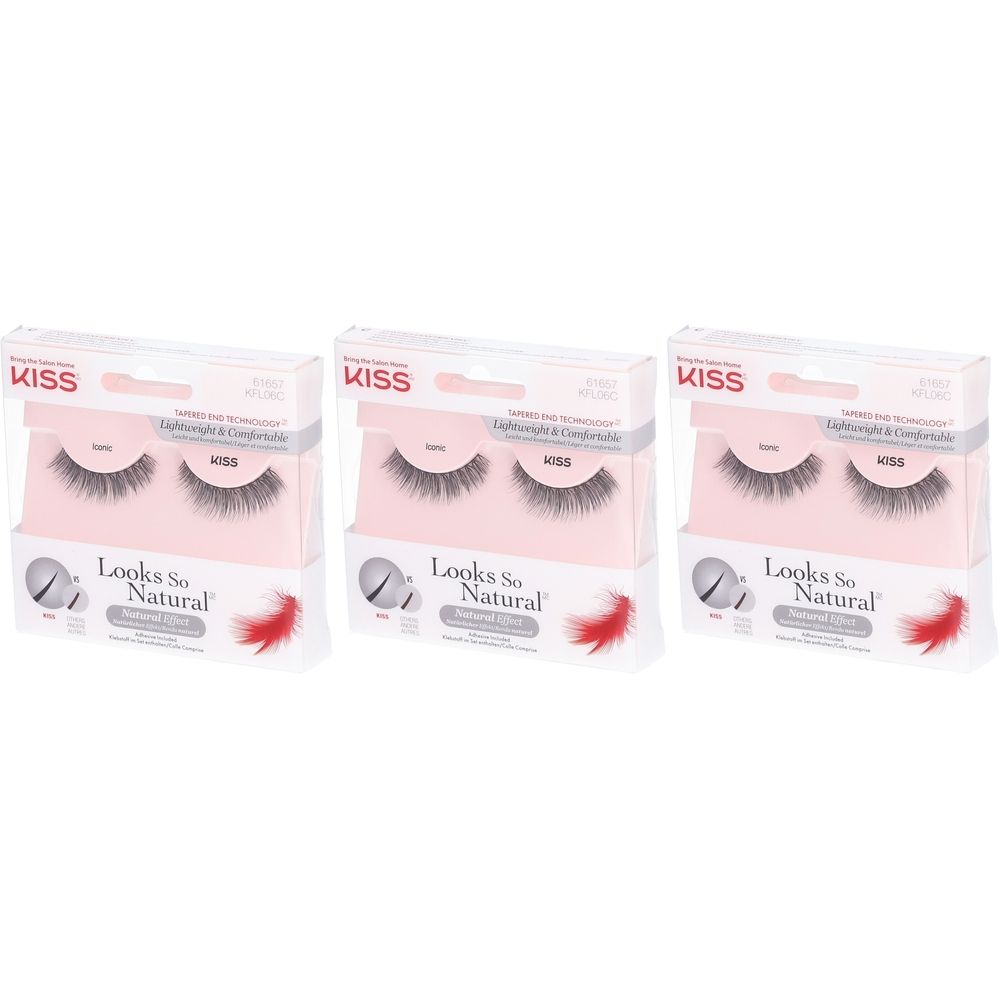 Drei Packungen Wimpern. Marke KISS, Modell Looks So Natural Iconic. Verpackung mit Produktnamen und Produktmerkmalen.