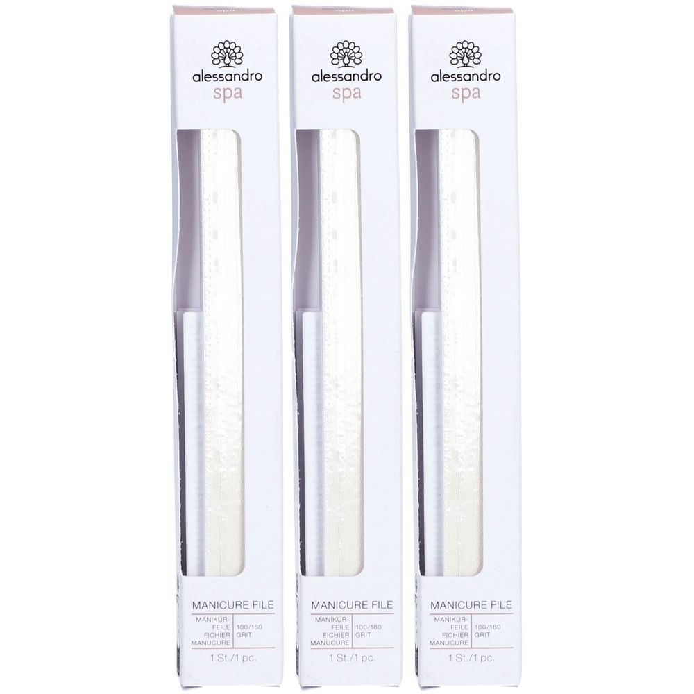 Drei Verpackungen mit Feilen. Aufschrift: alessandro spa, MANICURE FILE. 1 Stk/pc.