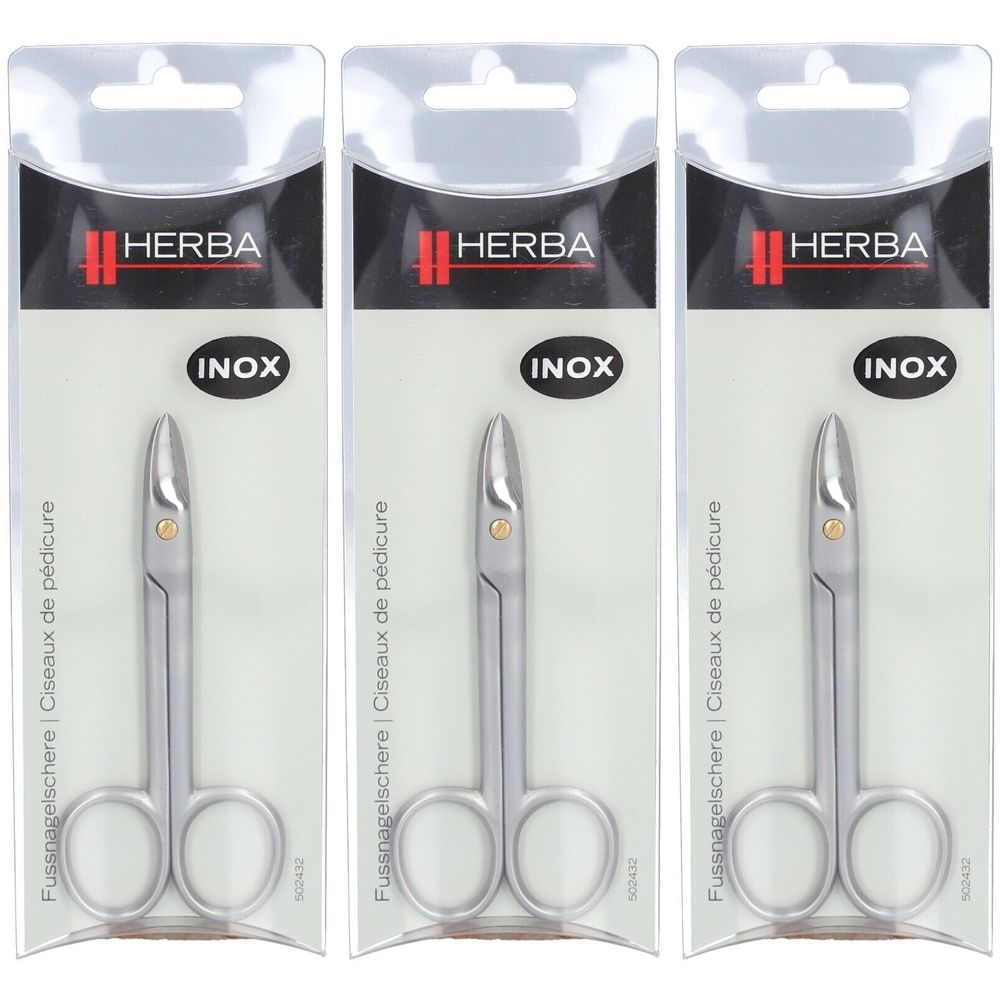 Drei Scheren für die Fußpflege in Blisterverpackung. Auf der Verpackung steht "HERBA" und "INOX".