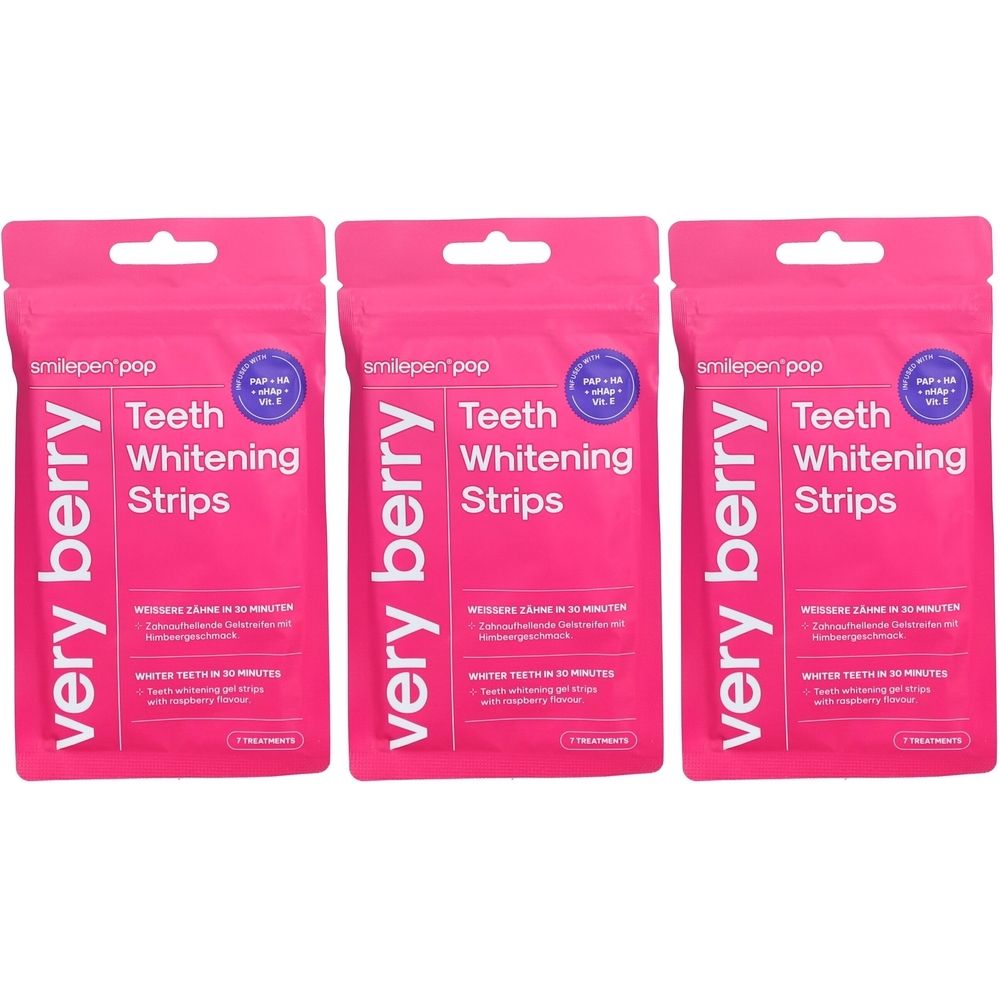 Drei Packungen "Teeth Whitening Strips" in Pink. Aufschrift "very berry" und "smilepen pop". Blaue Kreise mit Text.
