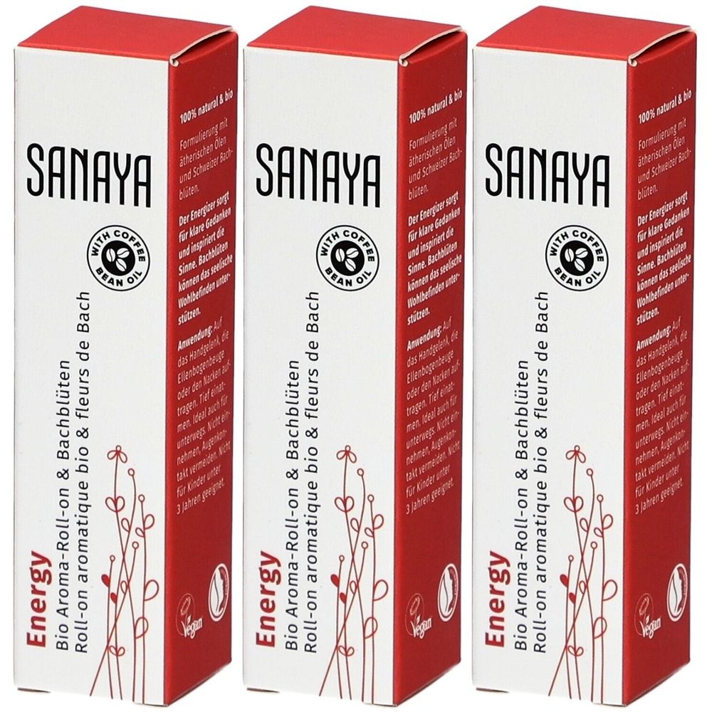 Drei rechteckige Schachteln. Aufschrift: SANAYA, Energy, Bio Aroma-Roll-on & Bachblüten. Mit Kaffee-Bohnen-Öl. Vegan.