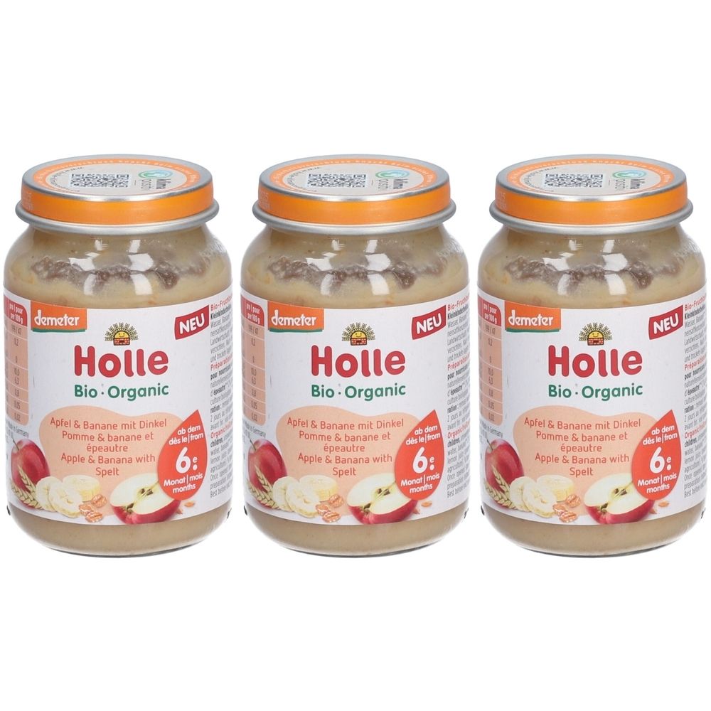 Drei Gläser Holle Bio-Organic Apfel & Banane mit Dinkel. Gläser mit Deckel, Etikett mit Produktinformationen und dem Demeter-Logo.