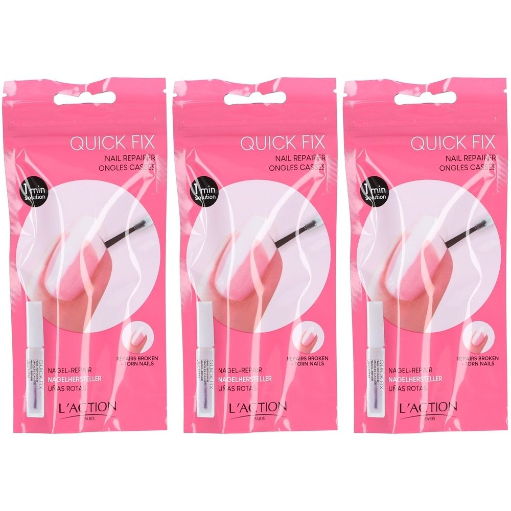 Drei rosa Verpackungen mit Nagelreparatur. Jede Packung enthält eine Flasche und Text: QUICK FIX, L'ACTION COSMETIQUE.