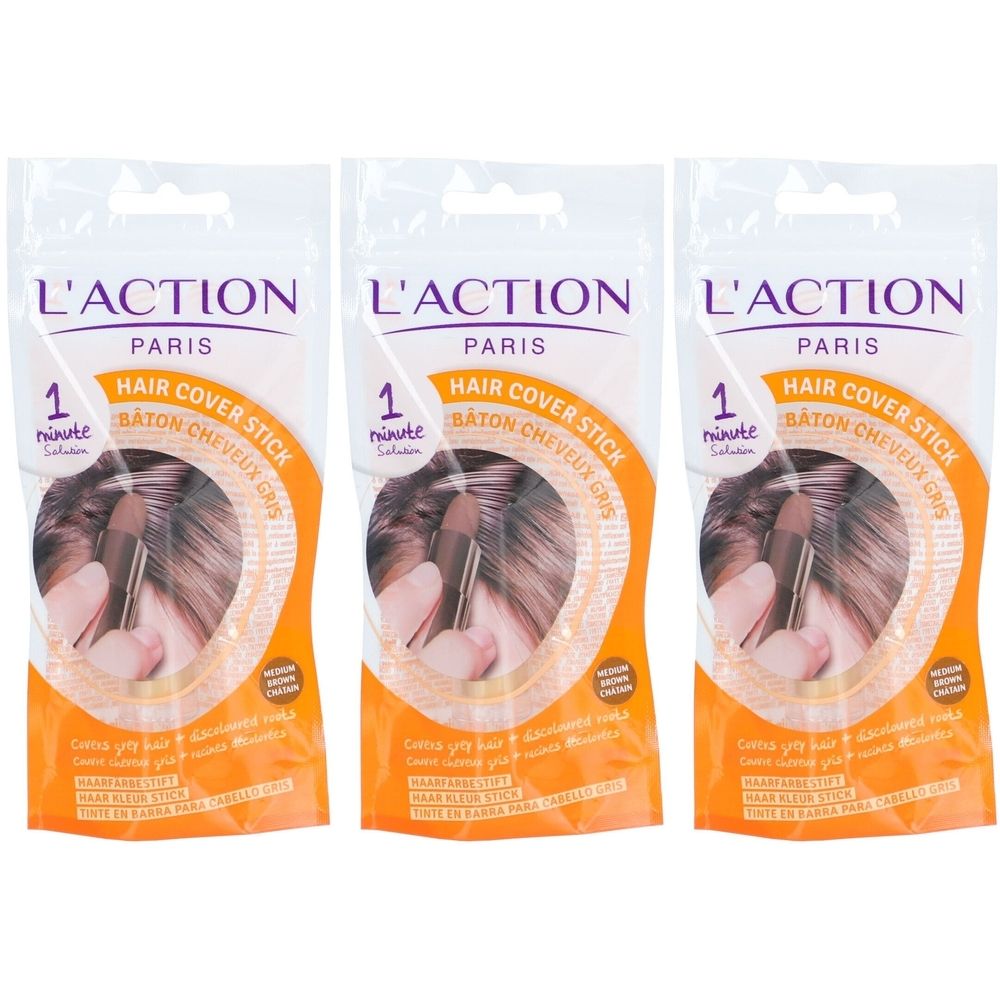 Drei Packungen Haarfärbestift. Jede Packung zeigt das Produkt und den Schriftzug "L'ACTION PARIS". Aufschrift: "HAIR COVER STICK".
