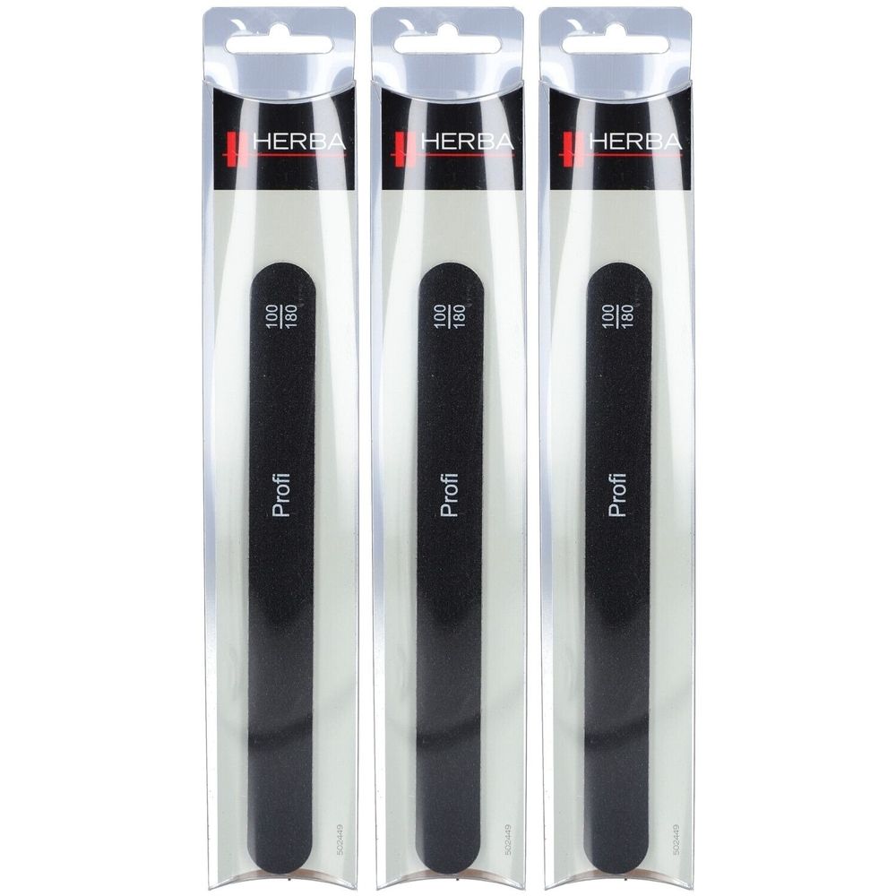 Drei schwarze Nagelfeilen in transparenter Verpackung. Auf jeder Feile steht "Profi", "100/180" und das Logo von HERBA.