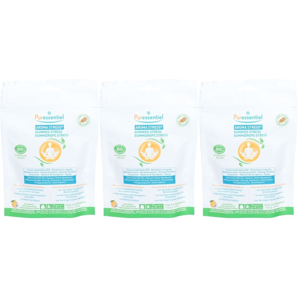 Drei Beutel PURESSENTIEL Aroma Stress Gummies. Weiße Beutel mit Produktnamen, Logo und grünen Akzenten. Bio-Zertifizierung.