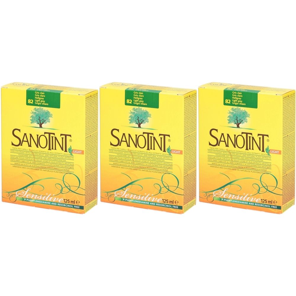 Drei gelbe Kartons mit dem Aufdruck "Sanotint Classic". Auf jedem Karton steht "Sensitive" und "125 ml".