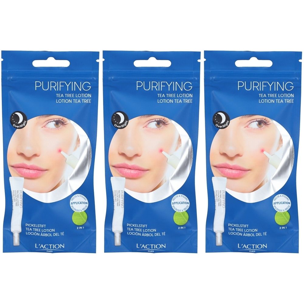 Drei blaue Beutel mit Produktabbildung. Aufdruck: Purifying Tea Tree Lotion. Darunter Pickelstift. Marke L'ACTION. Abbildung eines Gesichts.