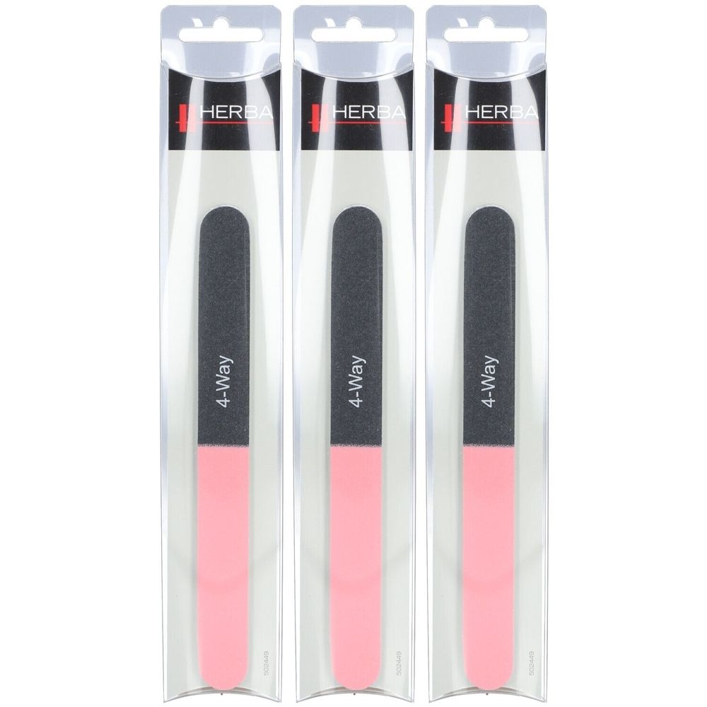 Drei HERBA 4-Way Nagelfeilen in transparenten Verpackungen. Schwarze und rosa Bereiche. Aufschrift "4-Way".