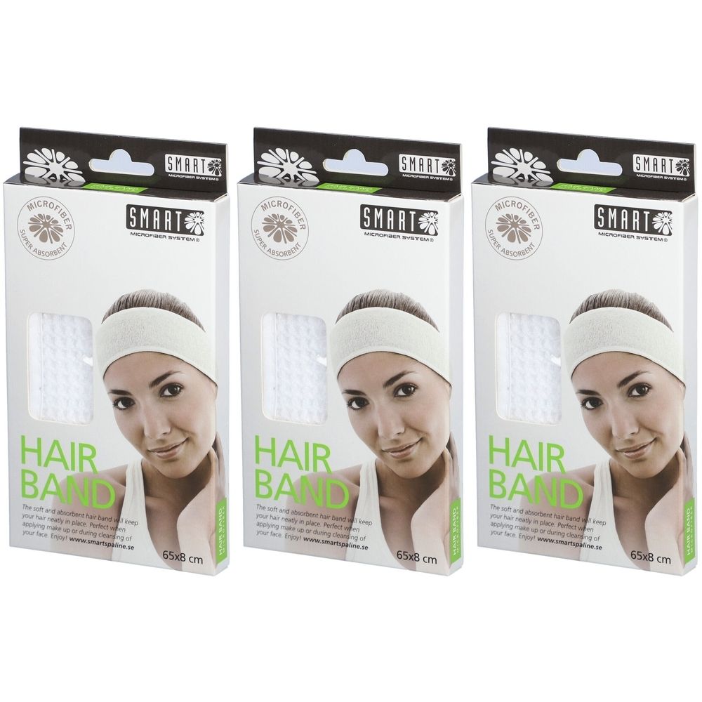 Drei weiße Haarband-Verpackungen. Jede zeigt ein Haarband, das auf dem Kopf einer Frau getragen wird. Aufschrift: SMART, HAIR BAND, 65x8 cm.