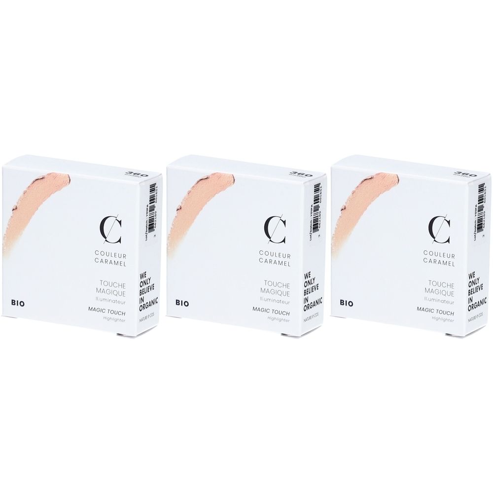 Drei weiße Kartons mit Produktinformationen. Auf jedem Karton ist ein Farbklecks und das Logo "C" zu sehen.