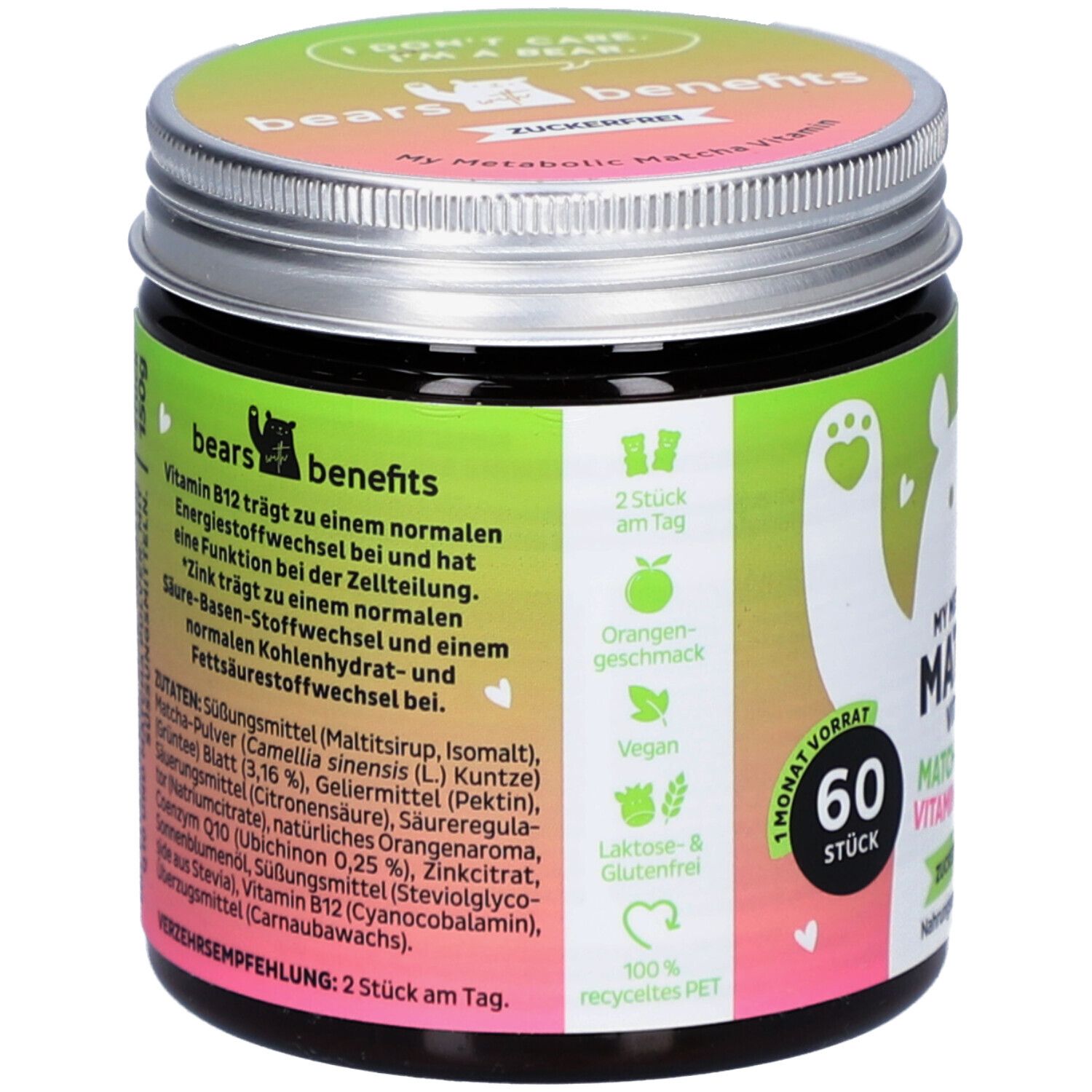 Dose mit grünem Etikett. Aufschrift: My Metabolic Matcha Vitamin, 60 Stück. Enthält Matcha-Pulver, Vitamin B12 und Zink.