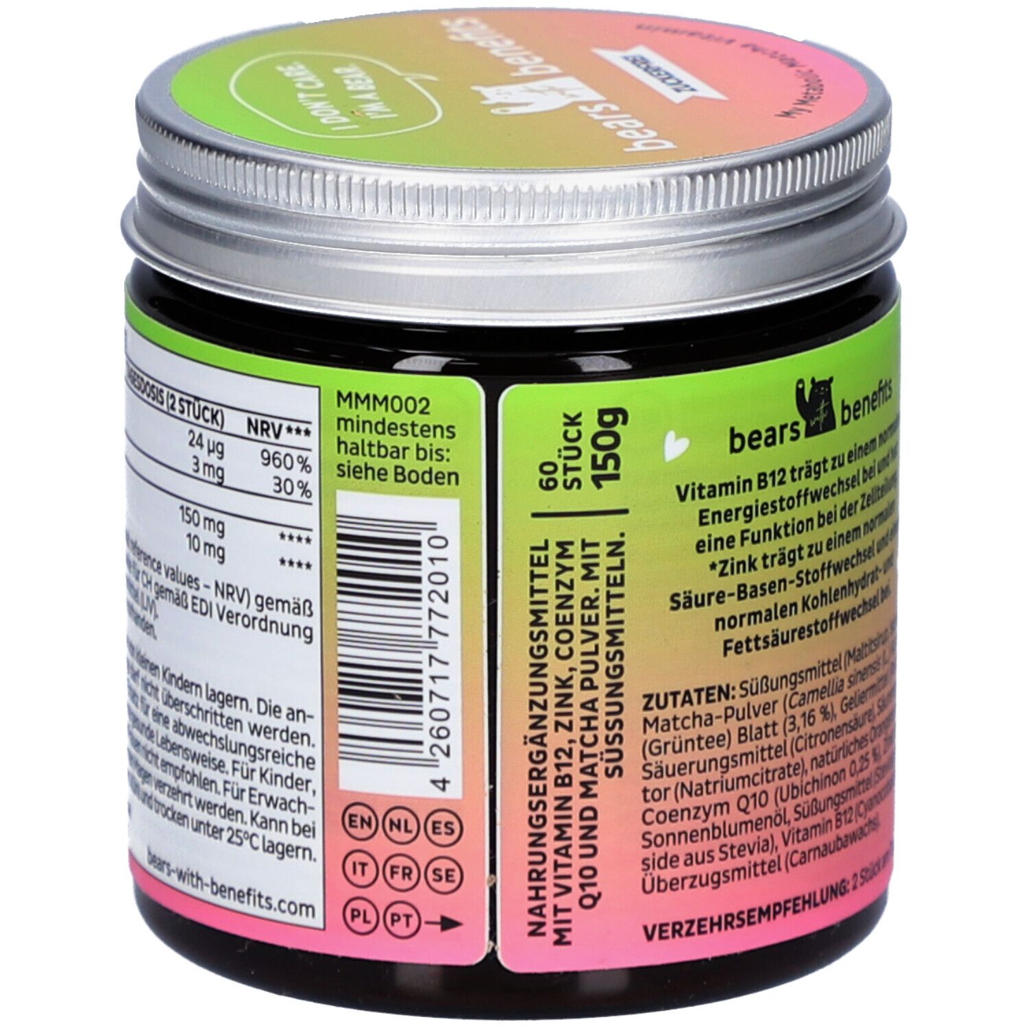 Dose mit grünem Etikett. Aufschrift: My Metabolic Matcha Vitamin, 60 Stück. Enthält Matcha-Pulver, Vitamin B12 und Zink.