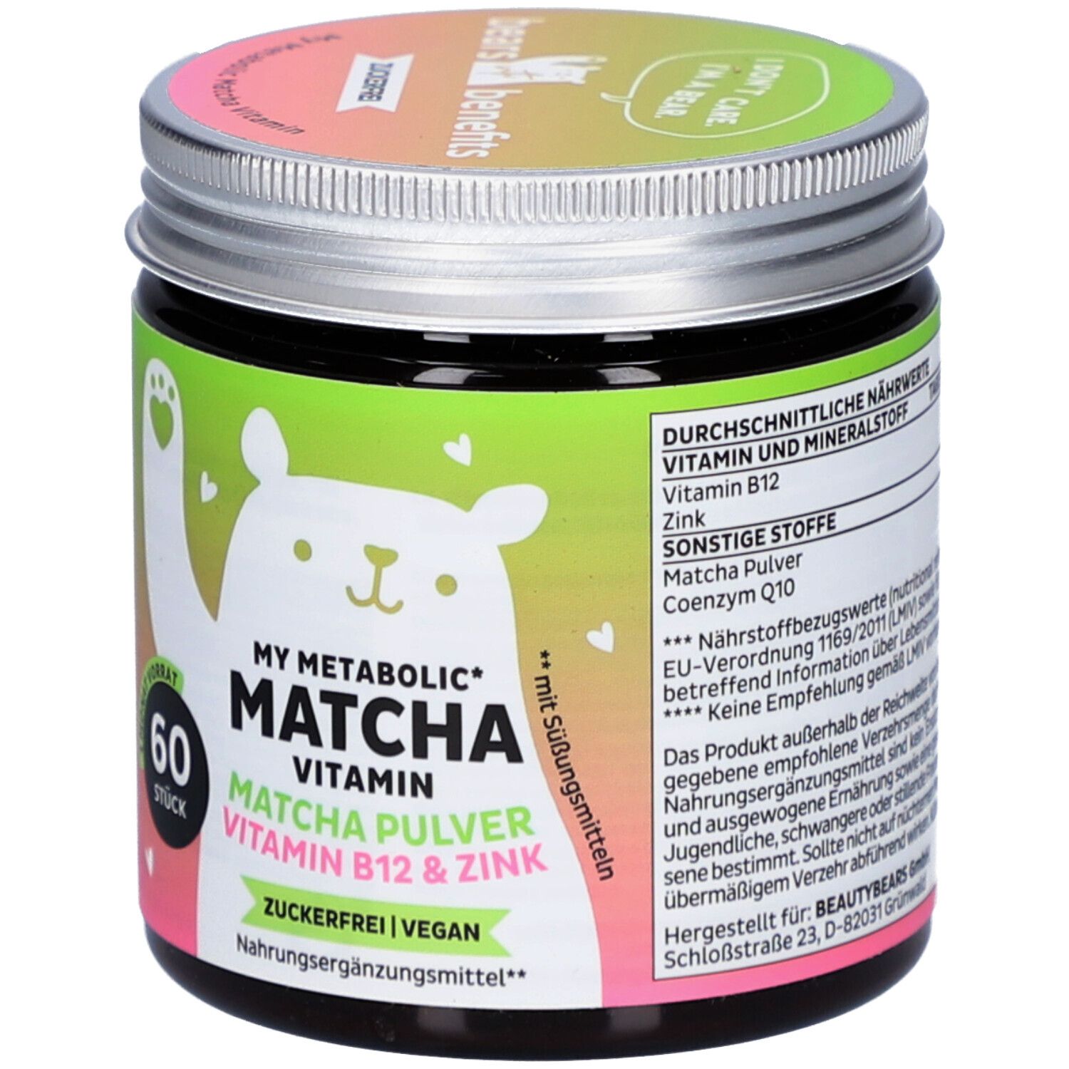 Dose mit grünem Etikett. Aufschrift: My Metabolic Matcha Vitamin, 60 Stück. Enthält Matcha-Pulver, Vitamin B12 und Zink.