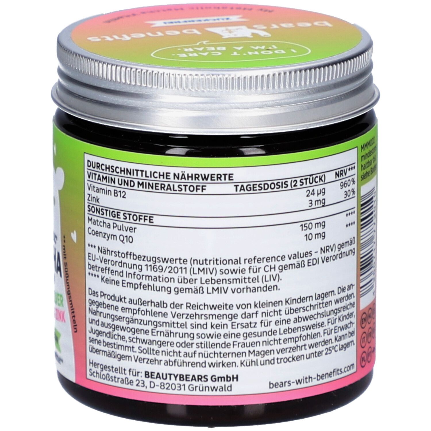 Dose mit grünem Etikett. Aufschrift: My Metabolic Matcha Vitamin, 60 Stück. Enthält Matcha-Pulver, Vitamin B12 und Zink.