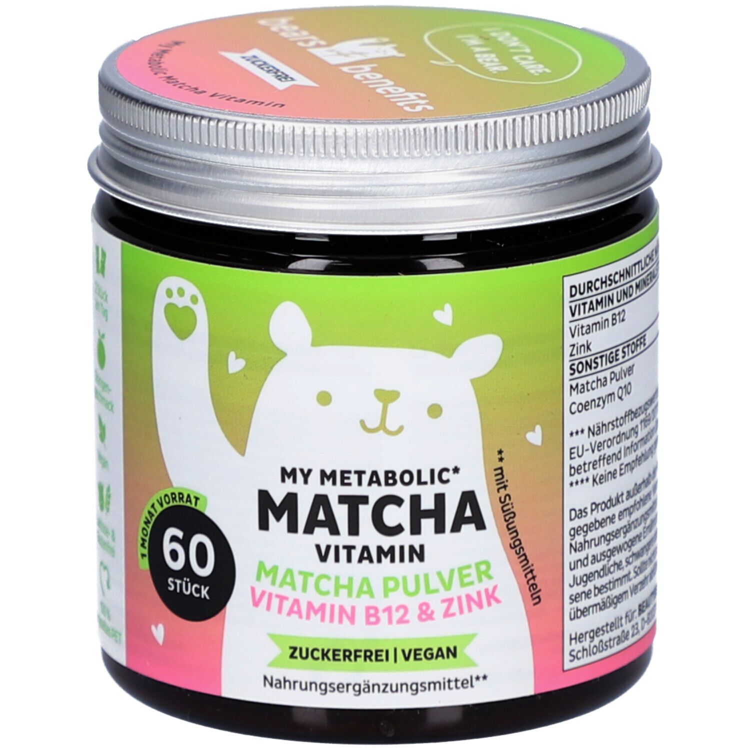 Dose mit grünem Etikett. Aufschrift: My Metabolic Matcha Vitamin, 60 Stück. Enthält Matcha-Pulver, Vitamin B12 und Zink.