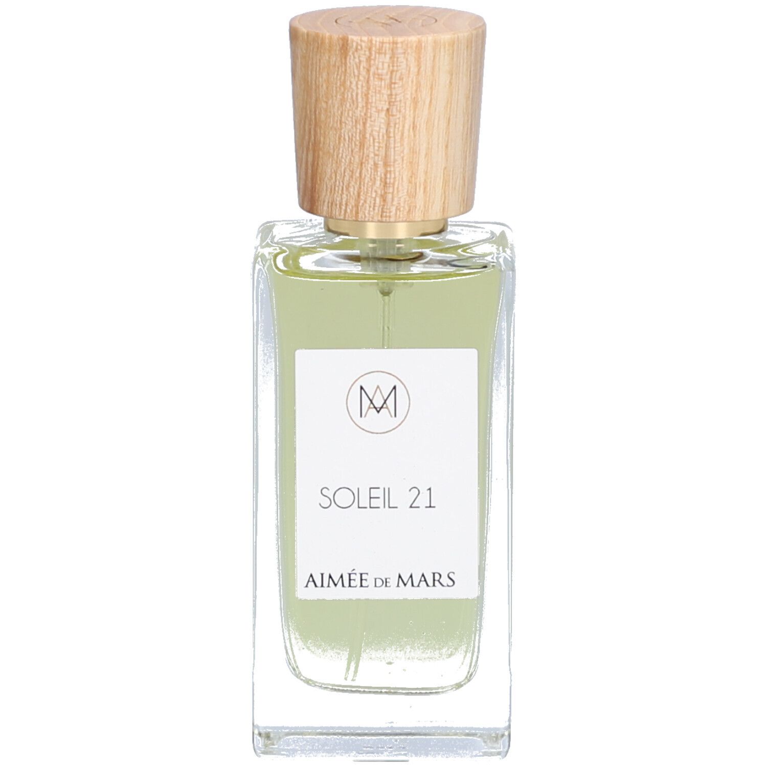 Rechteckiger Flakon mit hellem Inhalt und Holzverschluss. Aufkleber mit Text: SOLEIL 21, AIMÉE DE MARS. Logo: M.