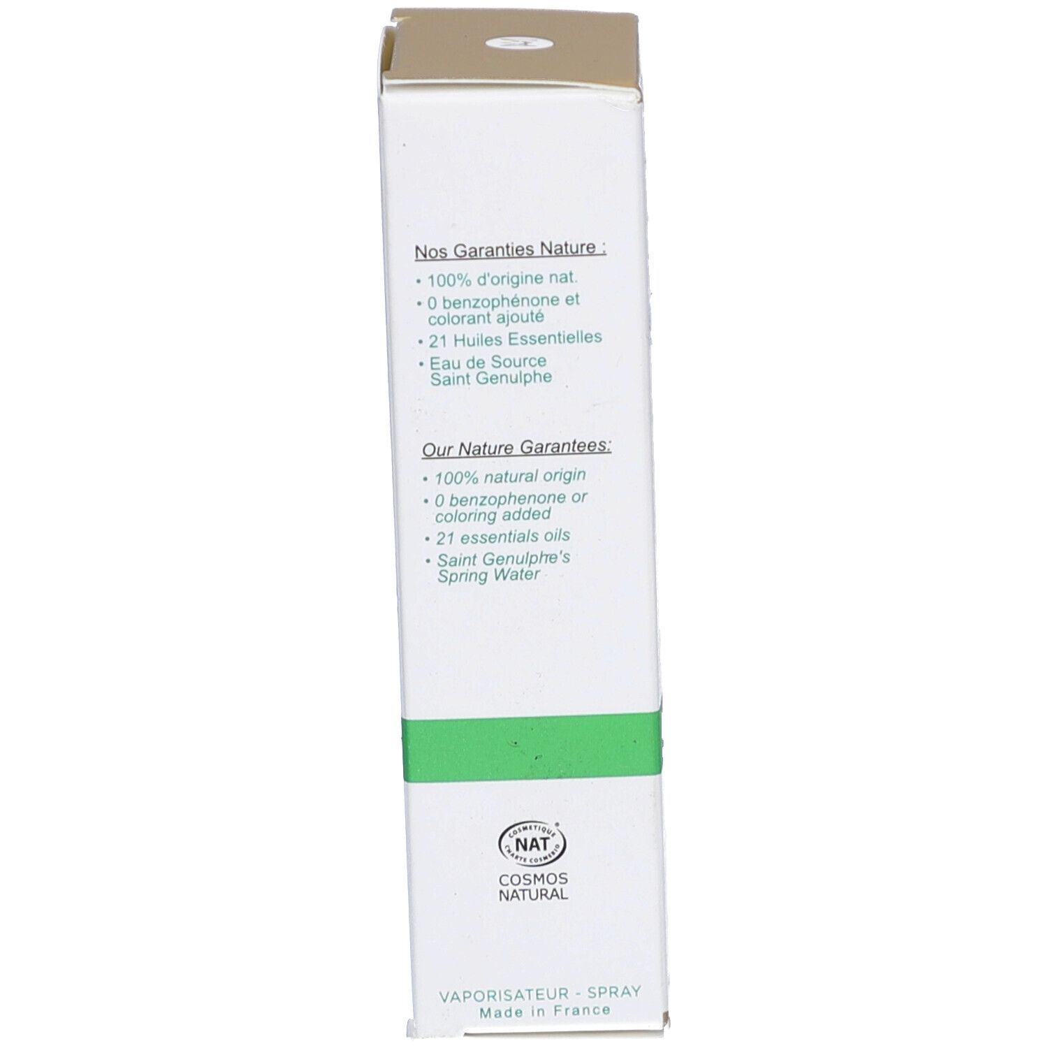 Produktverpackung, Seite. Text: „Nos Garanties Nature“ und „Cosmos Natural“. Grüne Linie. Zertifizierungslogo.