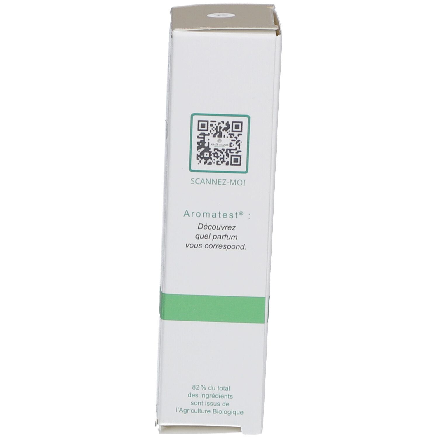 Produktverpackung, Seite. QR-Code und Text „Scannez-moi“. Text: „82 % du total des ingrédients sont issus de l'Agriculture Biologique“.