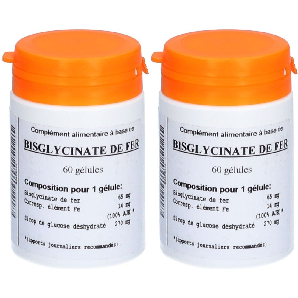Deux flacons blancs avec couvercles orange. Inscription: Bisglycinate de Fer, 60 gélules. Composition par gélule.