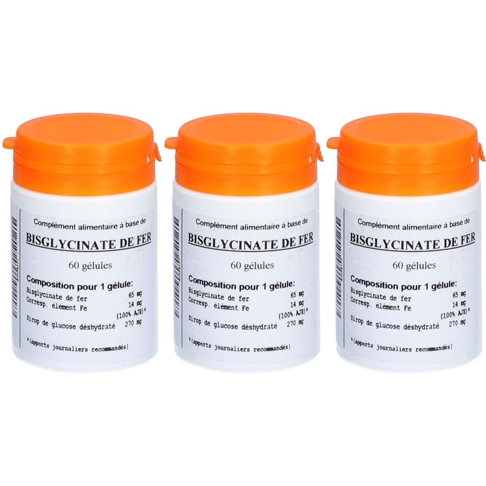 Trois flacons blancs avec couvercles orange. Inscription: Bisglycinate de Fer, 60 gélules. Composition par gélule.
