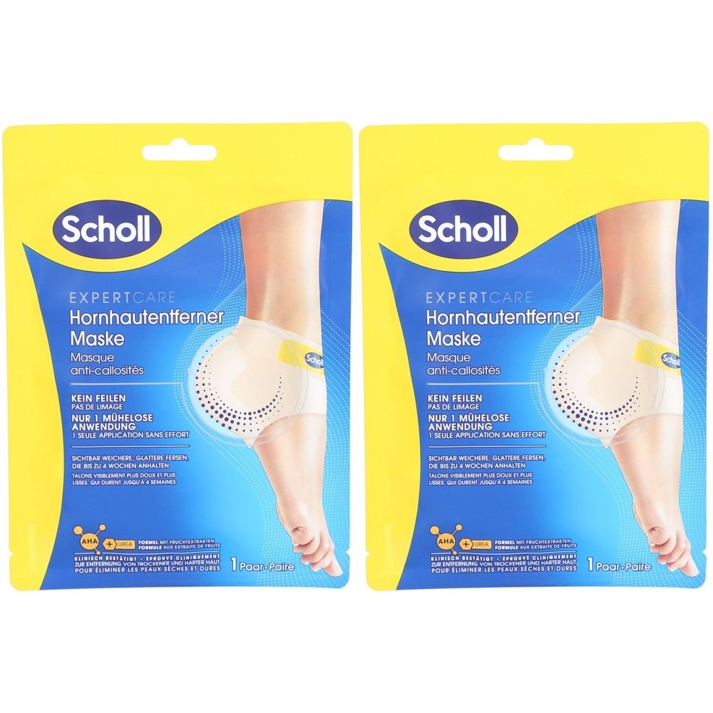 Zwei Packungen Scholl Expert Care Fußmaske. Gelbe Verpackung mit Produktabbildung und Schriftzug. Enthält Fußmasken.