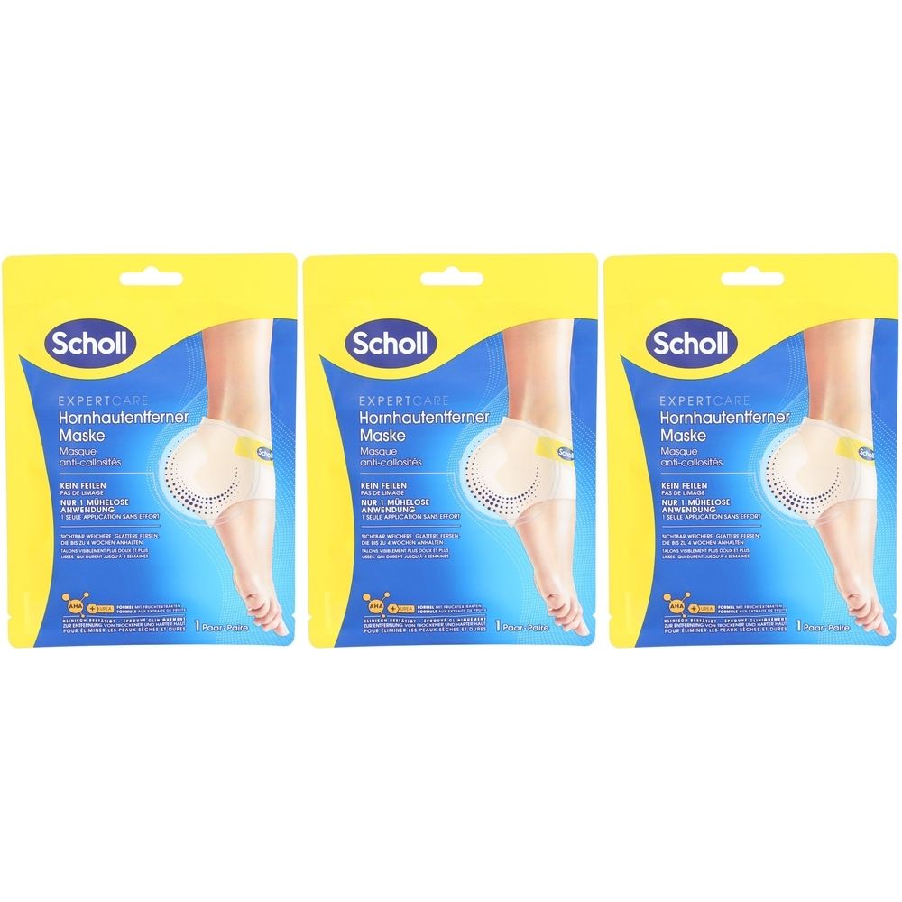 Trois paquets de masque pour les pieds Scholl® Expert Care. Emballage jaune et bleu avec image du produit et logo.