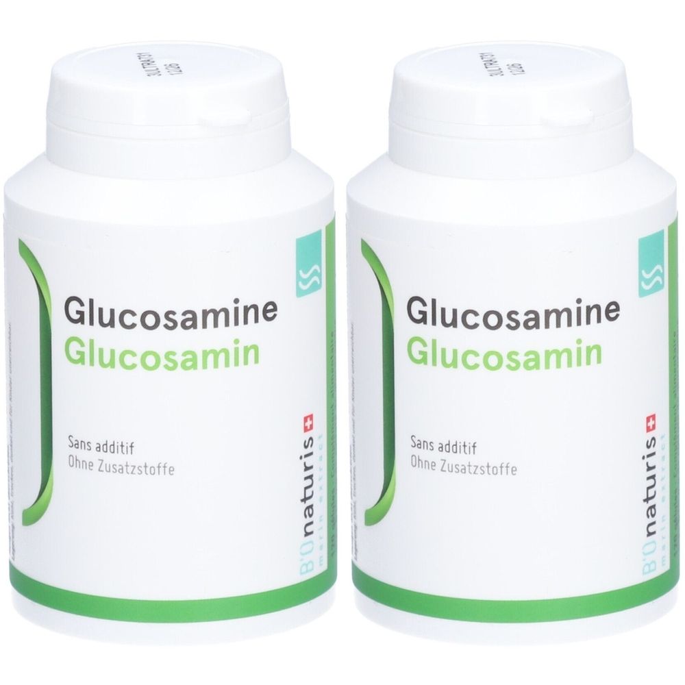 Zwei weiße Flaschen mit grünem Etikett. Aufschrift: Glucosamine, Sans additif, Ohne Zusatzstoffe. Marke: Bionaturis.