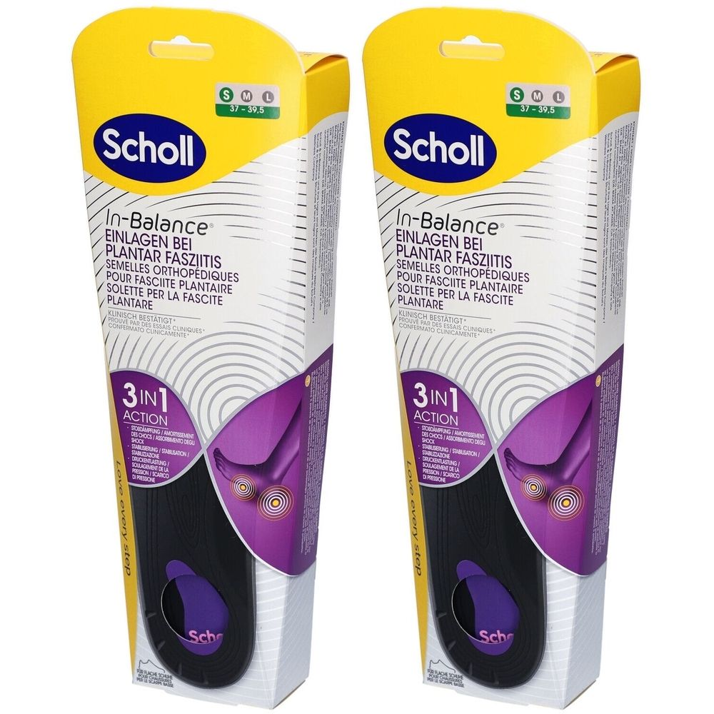 Zwei Scholl In-Balance Einlegesohlen-Verpackungen. Aufdruck: In-Balance, Einlagen bei Plantarfasziitis, Größe S, 37-39,5.