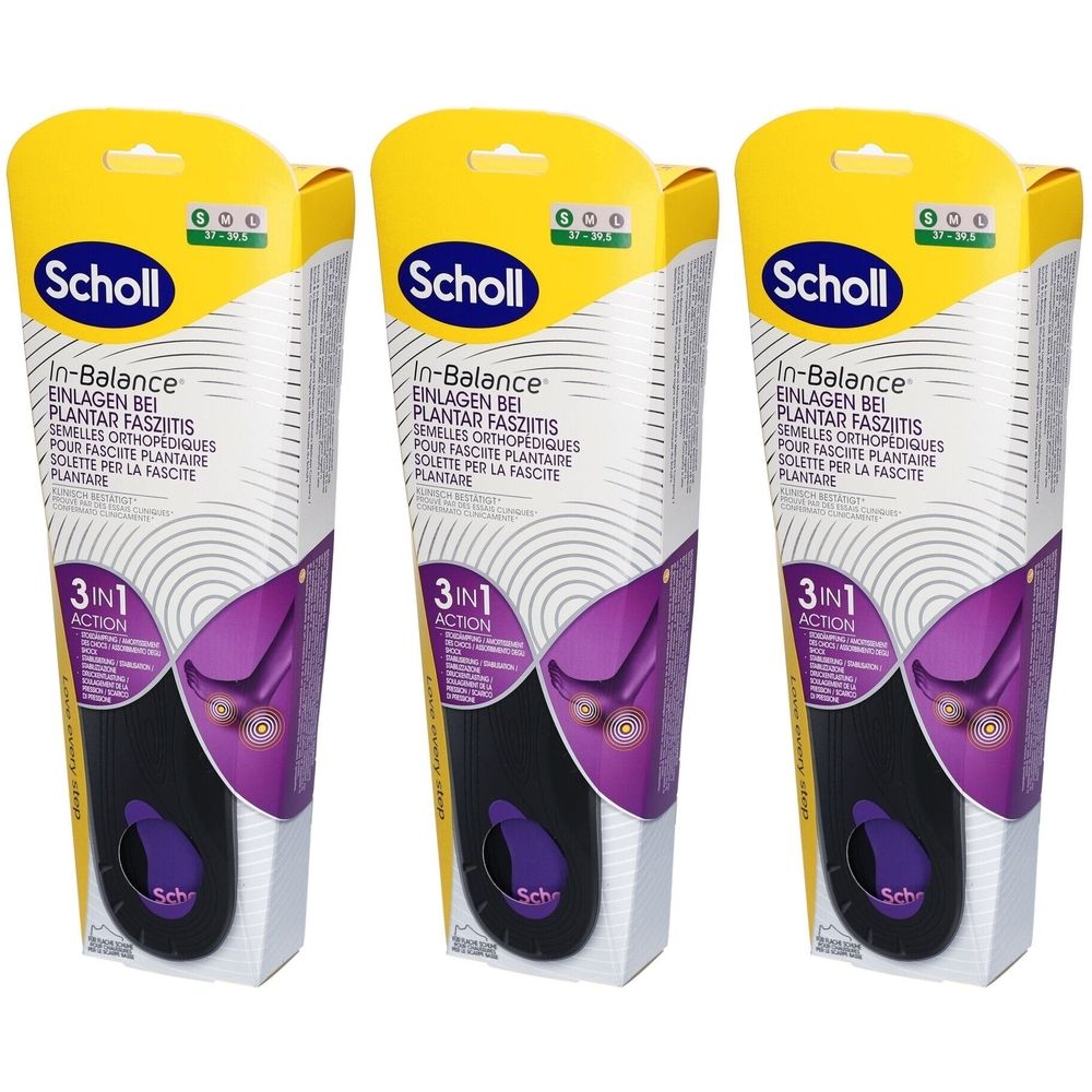 Drei Scholl In-Balance Einlegesohlen-Verpackungen. Gelb-weißes Design mit Produktnamen und 3in1-Aktion-Logo. Größe S.