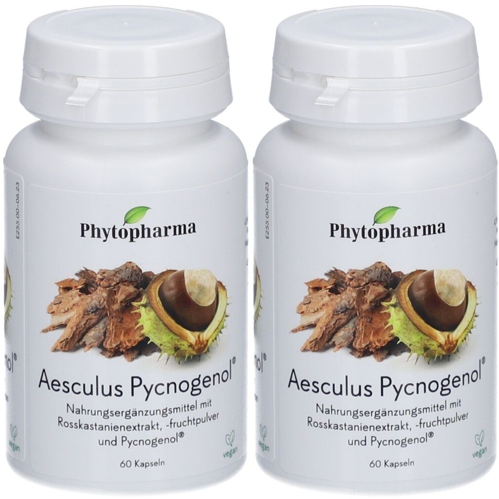 Deux flacons blancs de gélules. Inscription : Phytopharma, Aesculus Pycnogenol, complément alimentaire. 60 gélules. Vegan.