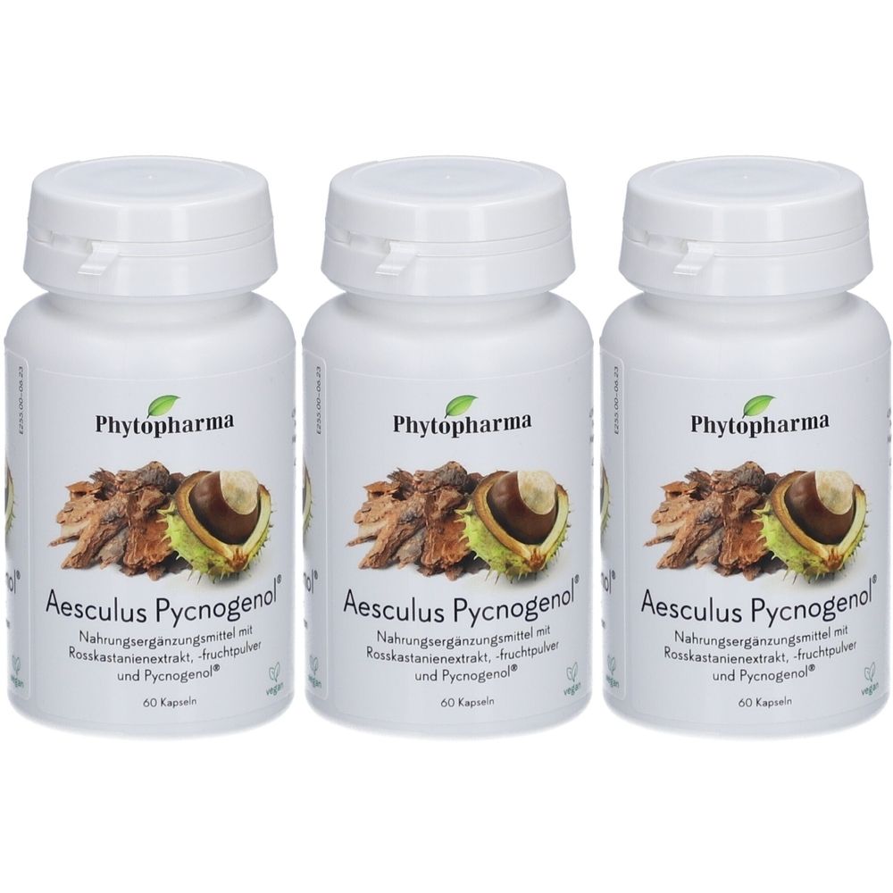 Trois flacons blancs de gélules. Chaque flacon porte la mention "Phytopharma Aesculus Pycnogenol". Chaque flacon contient 60 gélules.