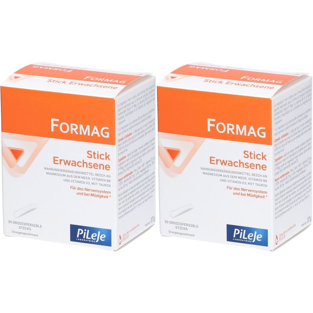Deux boîtes de Formag Stick Adulte. Design orange et blanc. Texte: Formag, Stick Erwachsene, logo Pileje. 20 sticks.