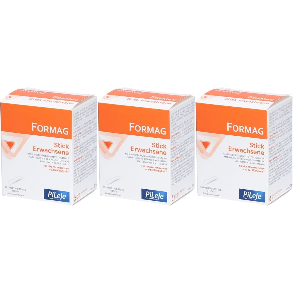 Trois boîtes FORMAG Stick Erwachsene. Couvercle orange, fond blanc. Marque Pileje.