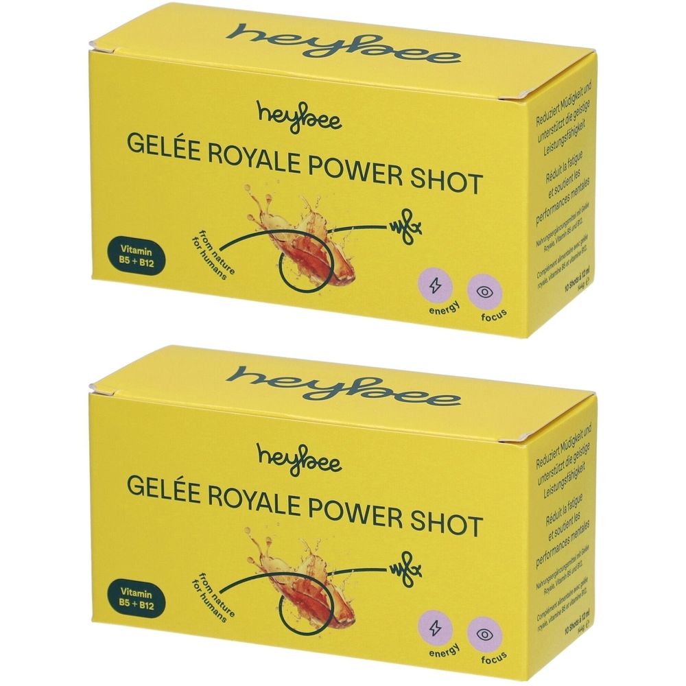 Deux boîtes jaunes avec "heybee GELÉE ROYALE POWER SHOT". Contient de la vitamine B5-B12. Illustration d'un insecte.