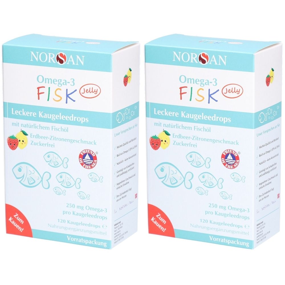 Zwei Kartons NORSAN Omega-3 FISK. Aufschrift: Leckere Kaugeleedrops, Erdbeer-Zitronengeschmack, zuckerfrei. Mit Fisch-Illustrationen.