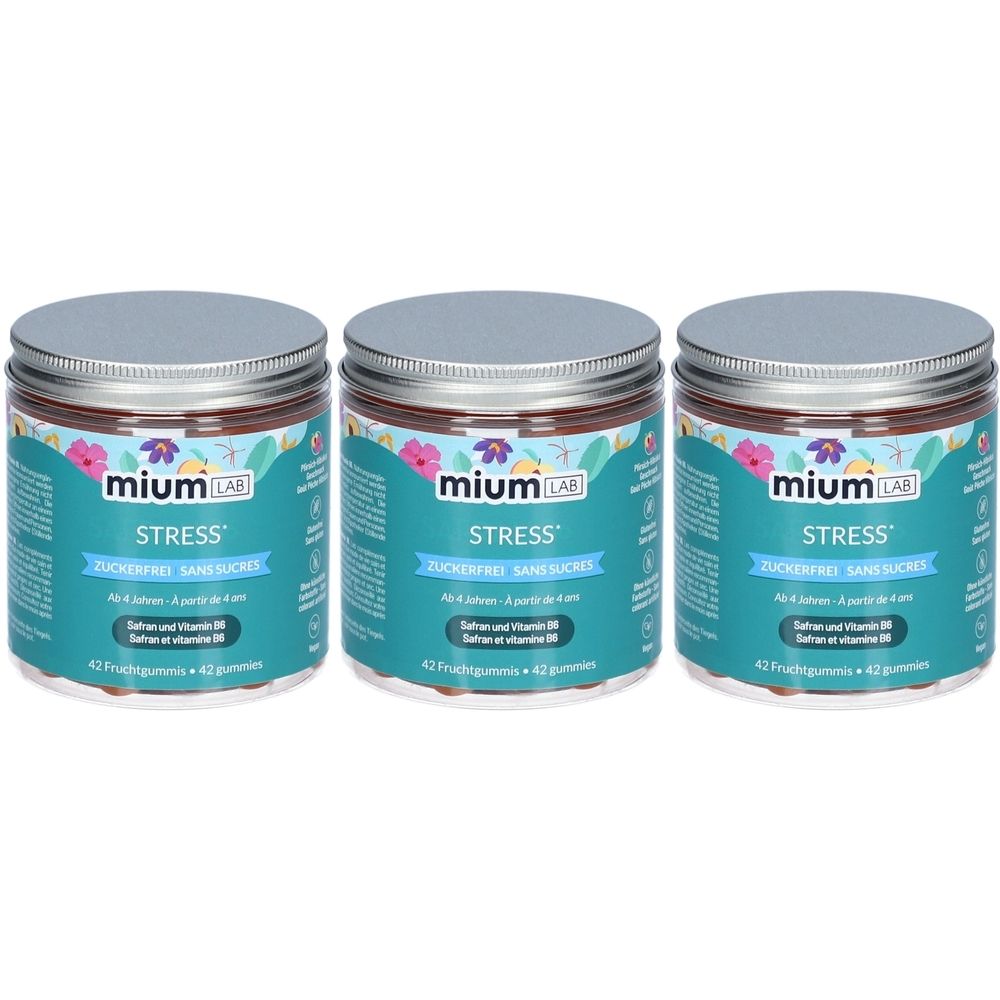 Trois boîtes avec couvercles argentés. Inscription : mium LAB Stress sans sucres. Contient 42 gommes.