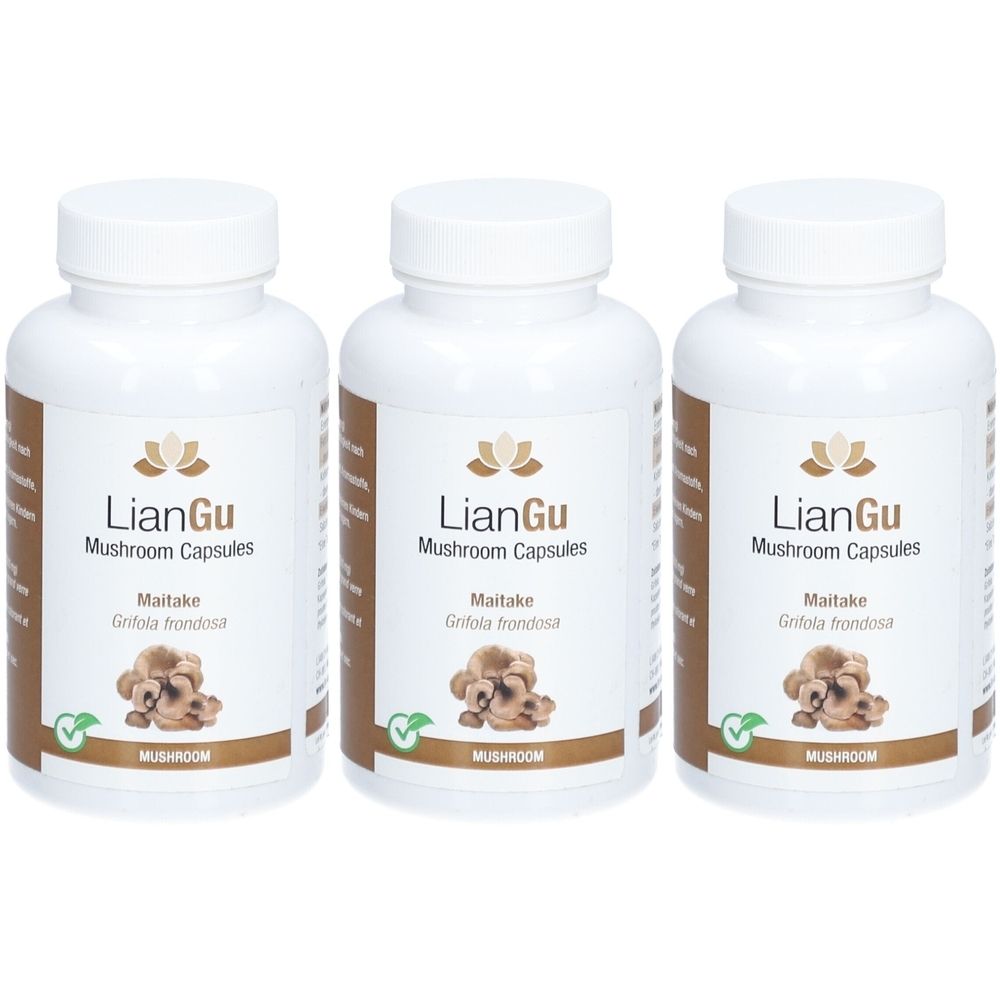 Drei weiße Flaschen mit Schraubverschluss. Auf jeder Flasche steht "LianGu Mushroom Capsules". Darunter "Maitake Grifola frondosa".
