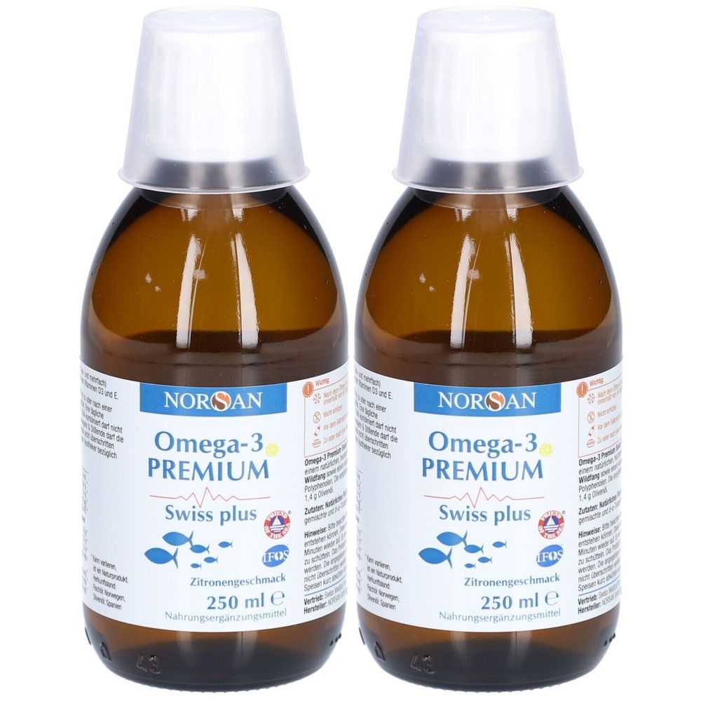 Deux flacons en verre brun avec bouchons blancs. L'étiquette indique NORSAN Omega-3 PREMIUM Swiss plus. Goût citron, 250 ml.