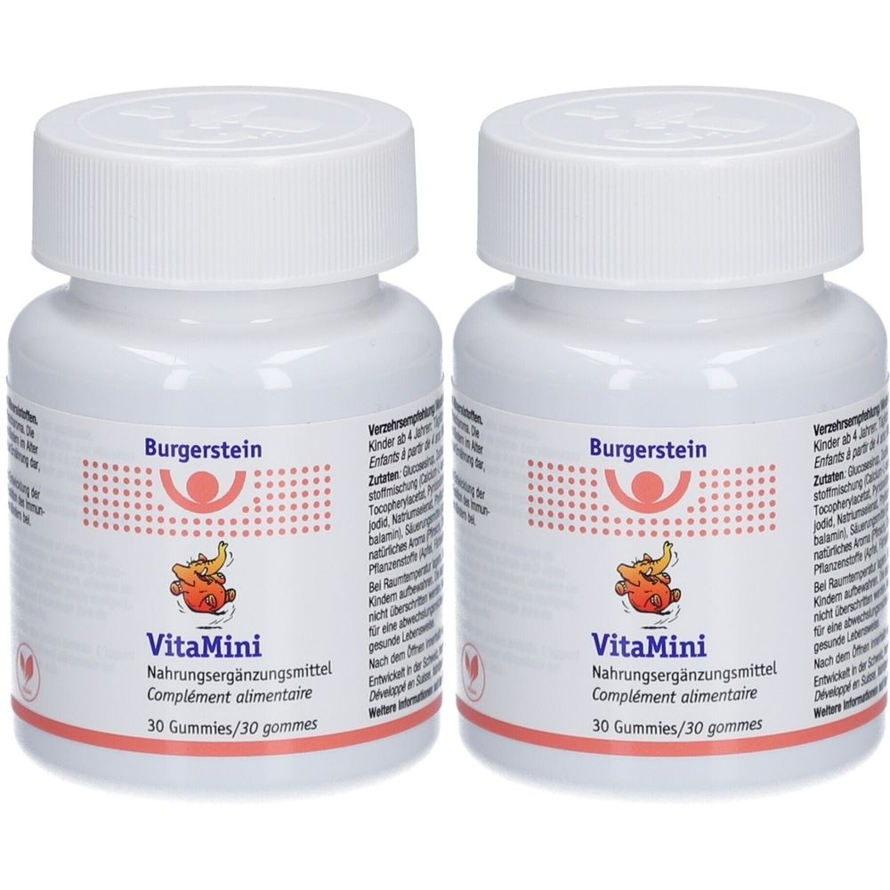 Zwei weiße Flaschen mit Schraubverschluss. Auf jeder Flasche steht "Burgerstein VitaMini" und "30 Gummies".