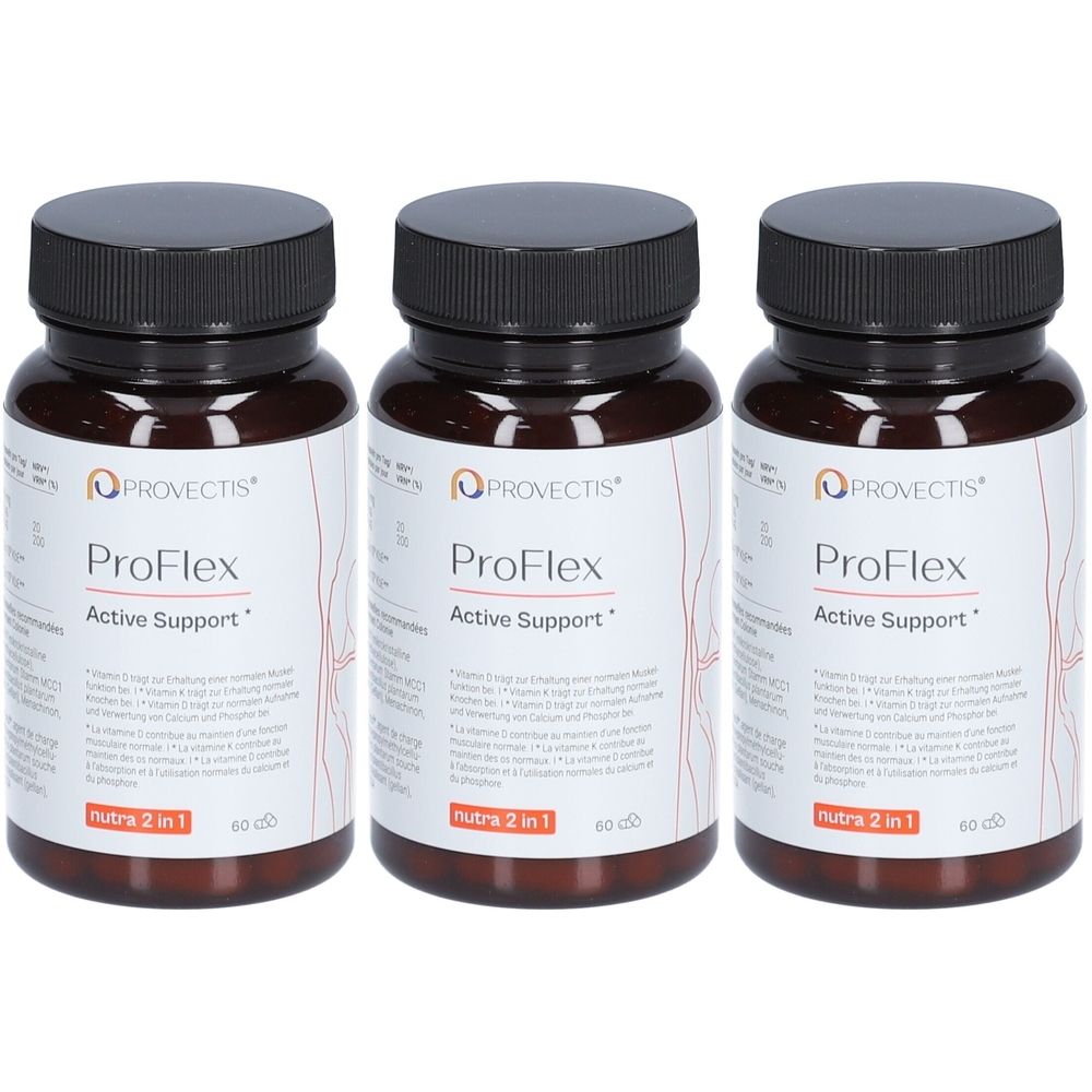 Trois flacons bruns avec des couvercles noirs. Les étiquettes indiquent "PROVECTIS ProFlex Active Support".