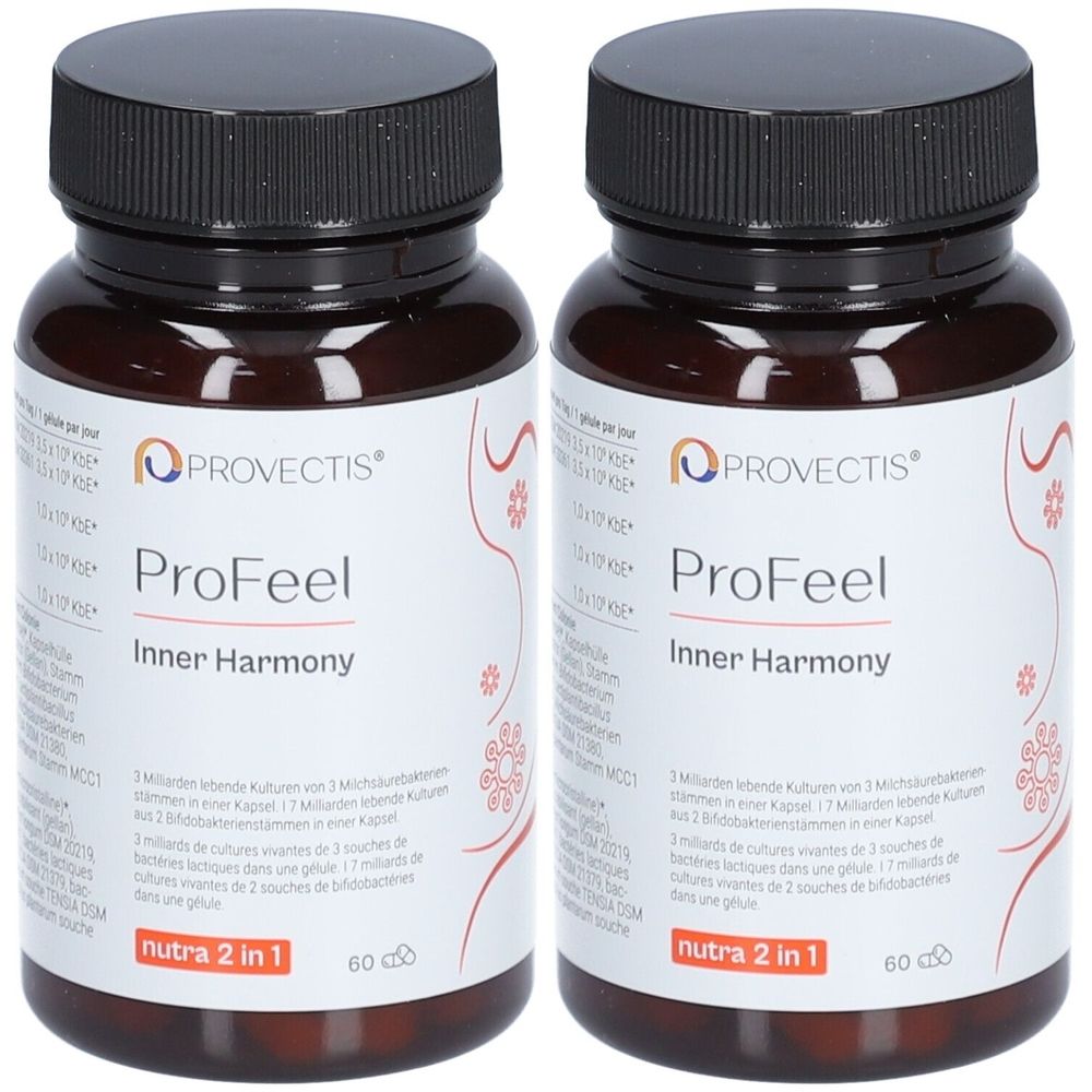 Deux flacons bruns avec des bouchons noirs. Les étiquettes indiquent "PROVECTIS ProFeel Inner Harmony".