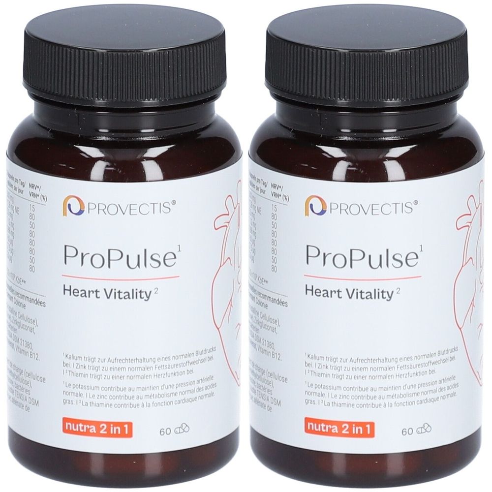 Deux flacons bruns avec des couvercles noirs. Les étiquettes indiquent "PROVECTIS ProPulse Heart Vitality".